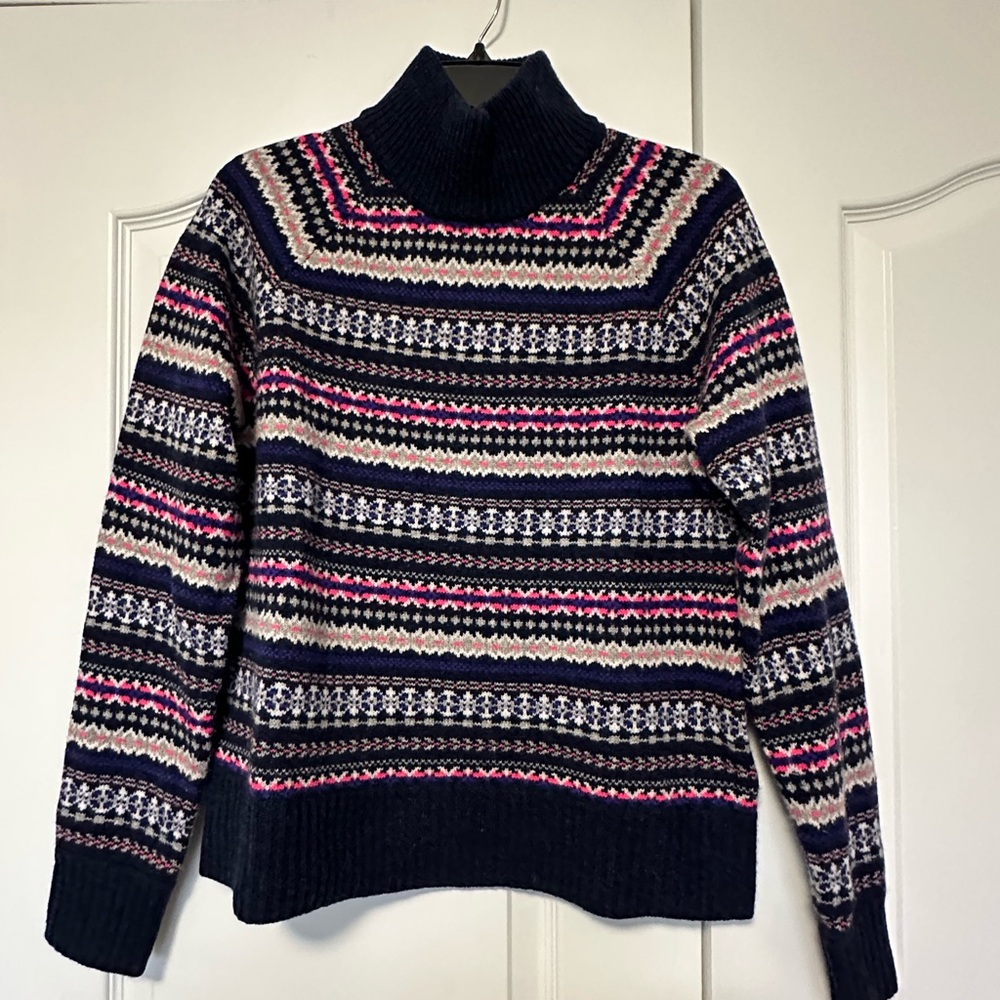 J. Crew Navy and Pink Patterned Turtleneck Sweater